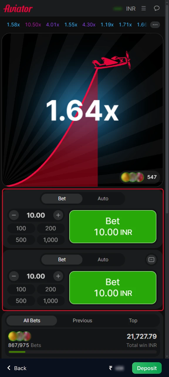 Pick the amount to bet in the Aviator bet app and start the round.