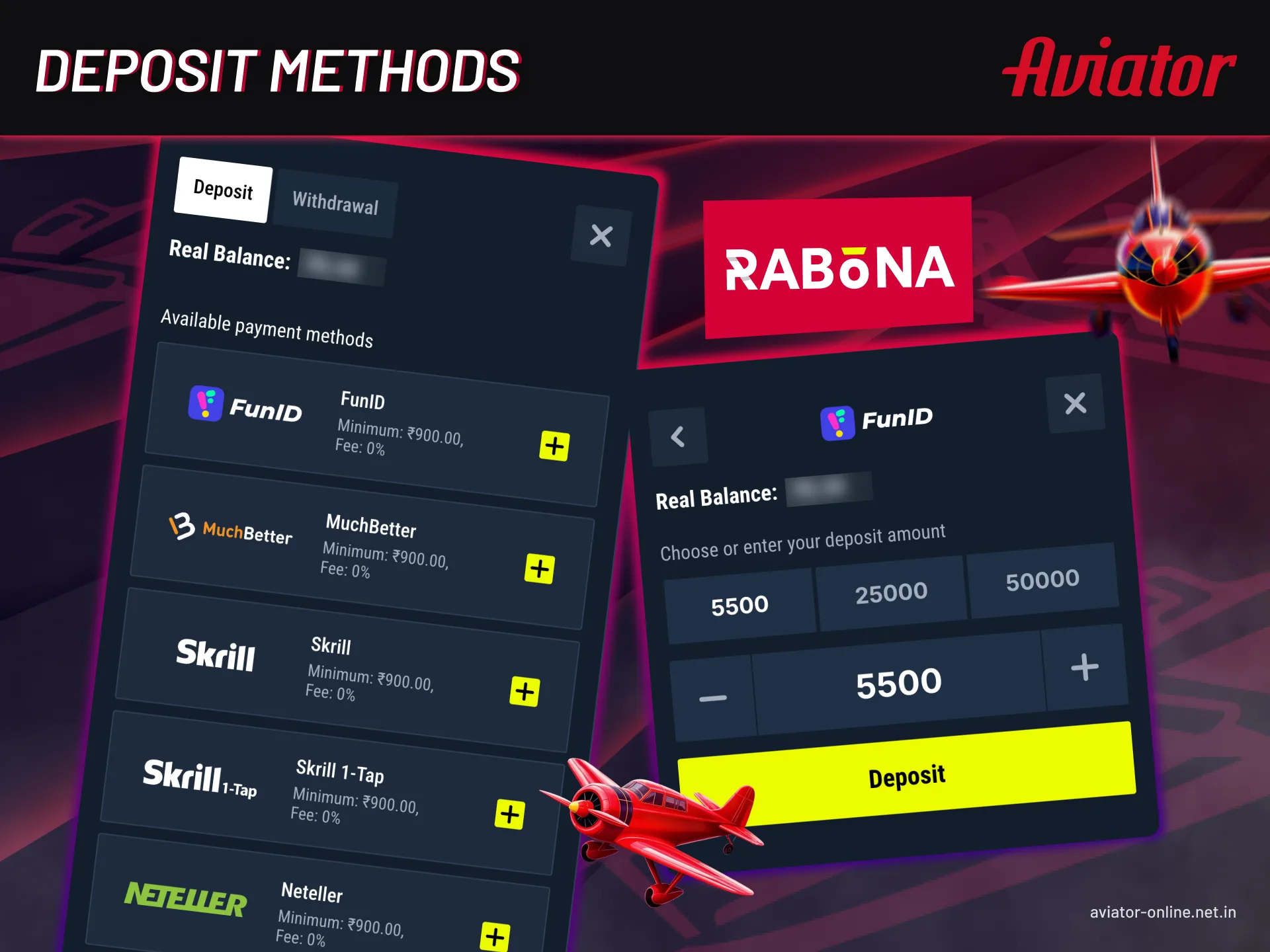 Rabona provides you with a variety of deposit methods.