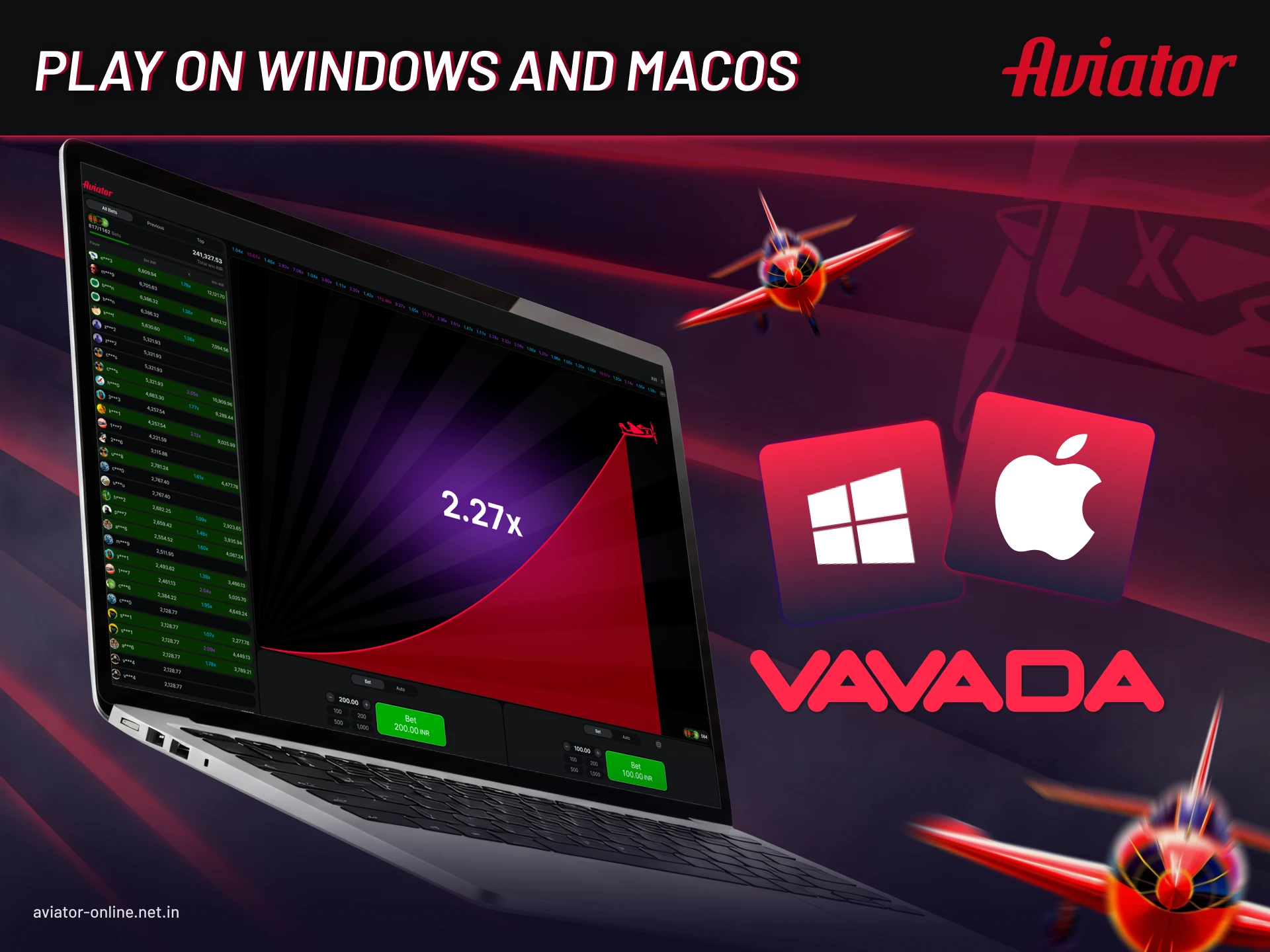 Vavada Aviator gameplay on desktop computers with Windows and MacOS.